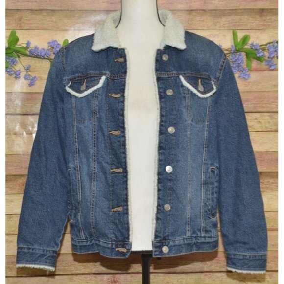 Time And Tru Denim Blue Jean Trucker Jacket Size S 4-6 Sherpa Lined Pockets Warm - Picture 4 of 11